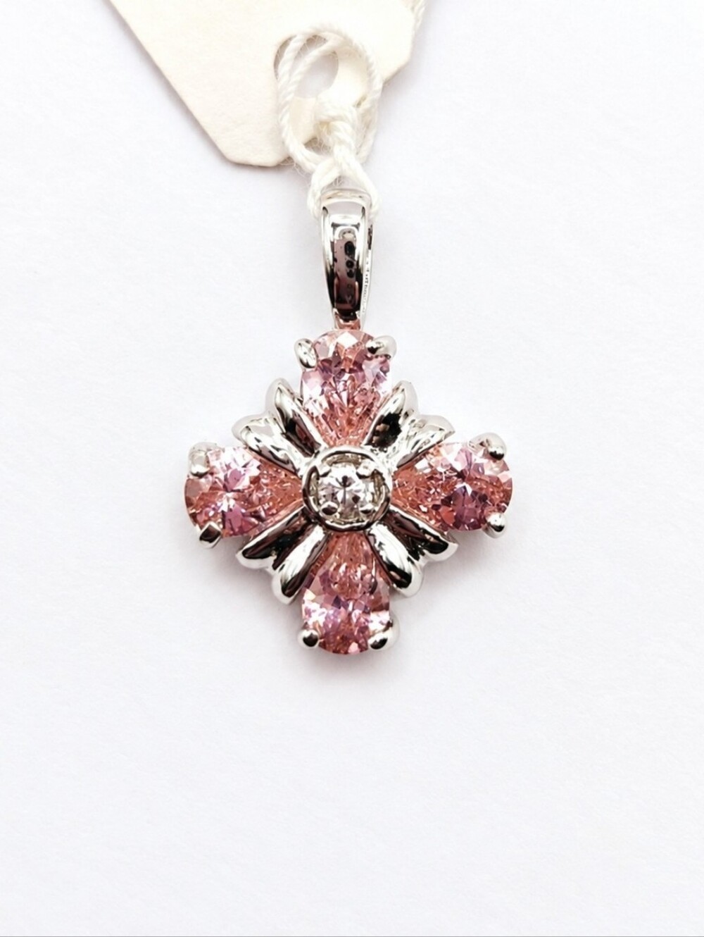 Pastel Pink CZ Flower Pendant Silver Tone Pear Cut Crystal Coquette Romantic Fem